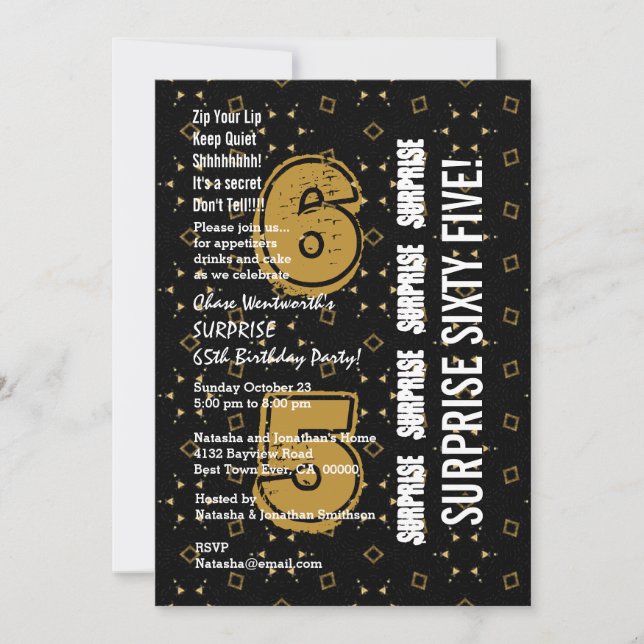 SURPRISE 65th Modern Birthday Gold and Black W199A Invitation (Front)