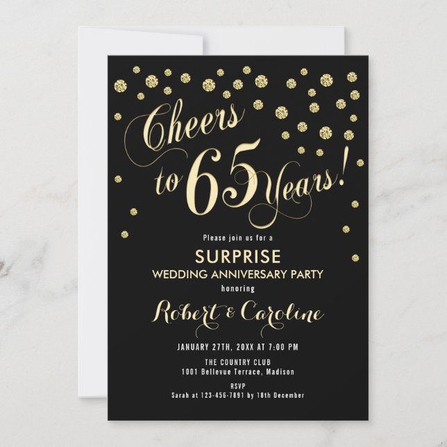 Surprise 65th Wedding Anniversary - Black & Gold Invitation (Front)