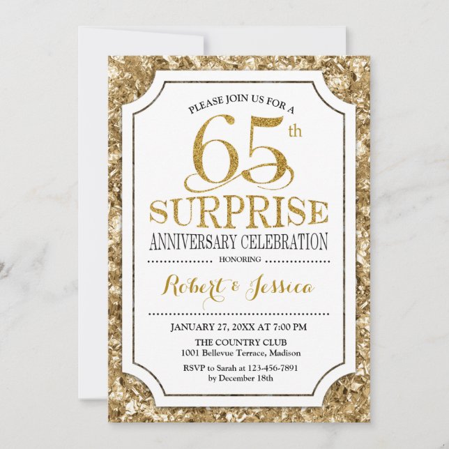 Surprise 65th Wedding Anniversary - White Gold Invitation (Front)