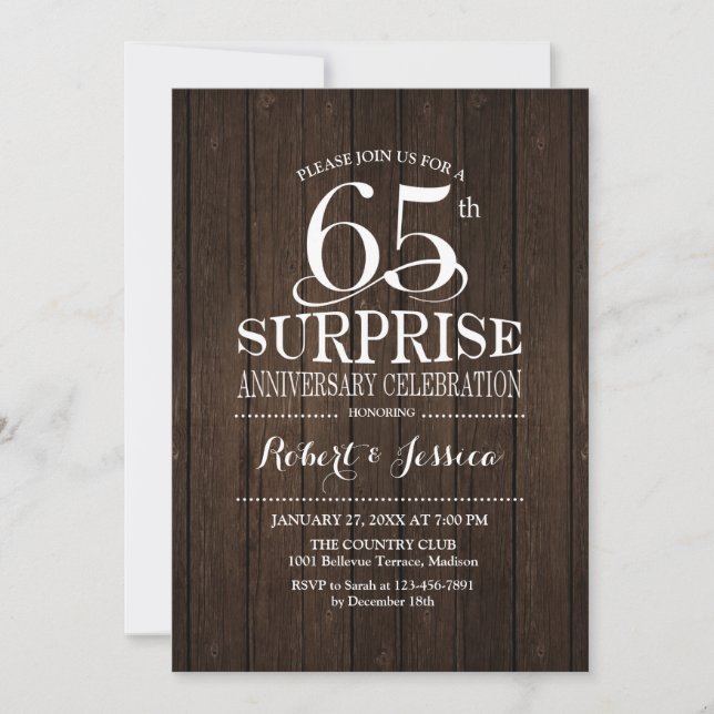 Surprise 65th Wedding Anniversary Wood Invitation (Front)