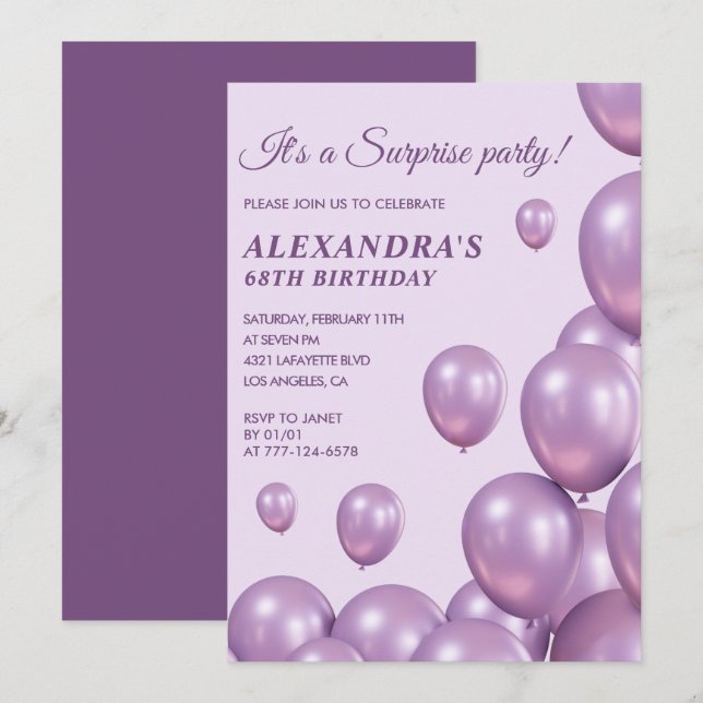 Surprise 68th birthday invitations Purple Balloons (Front/Back)