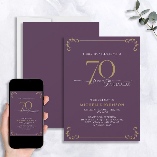 Surprise 70 & Fabulous Purple & Gold Birthday Invitation (Creator Uploaded)