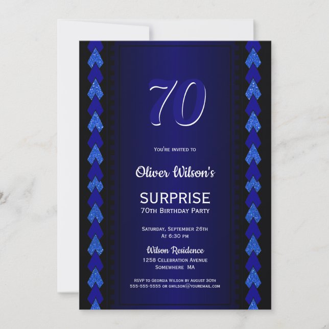 Surprise 70th Birthday Black and Blue Party Invitation (Front)