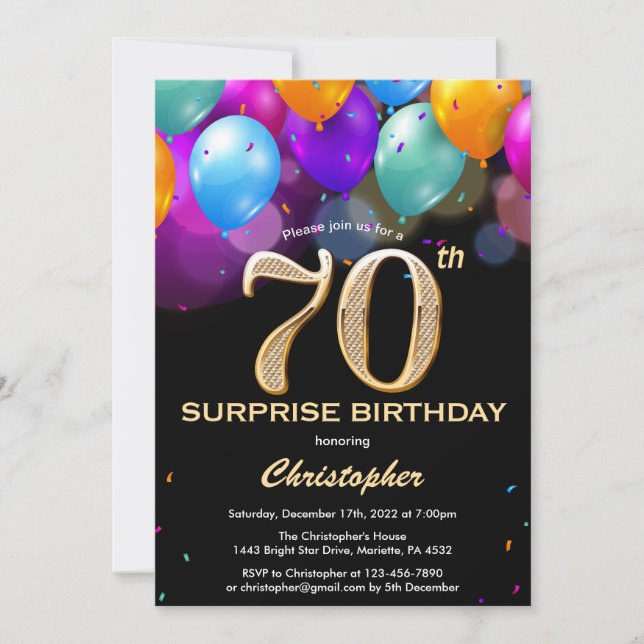 Surprise 70th Birthday Black and Gold Balloons Invitation (Front)