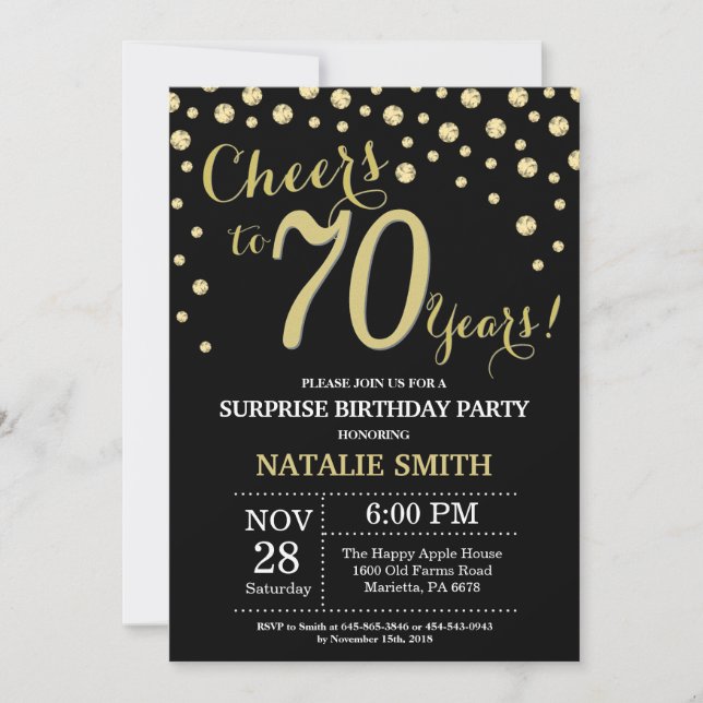 Surprise 70th Birthday Black and Gold Diamond Invitation (Front)