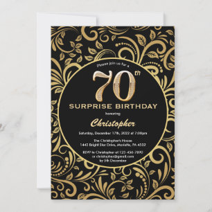 Surprise 70th Birthday Black and Gold Floral Invitation