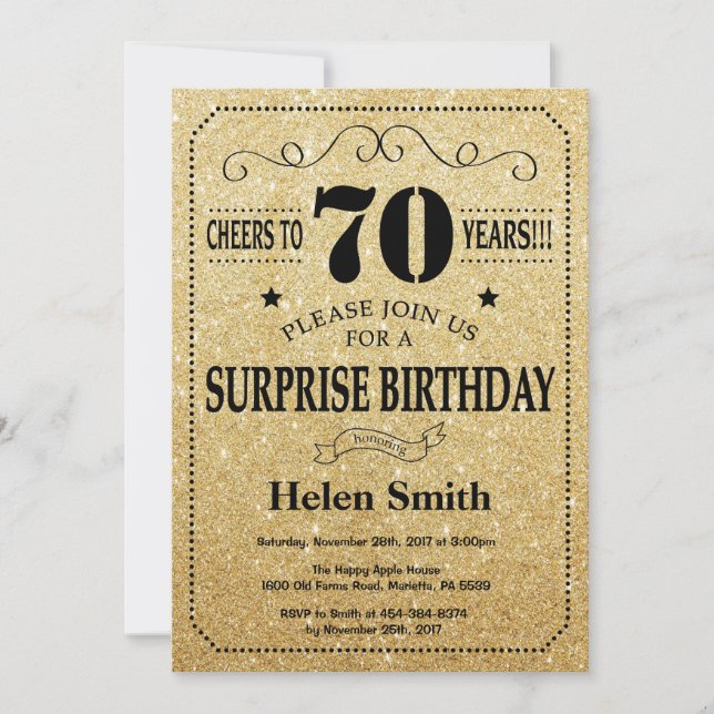 Surprise 70th Birthday Black and Gold Glitter Invitation (Front)