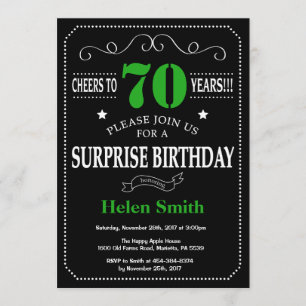 Surprise 70th Birthday Black and Green Chalkboard Invitation