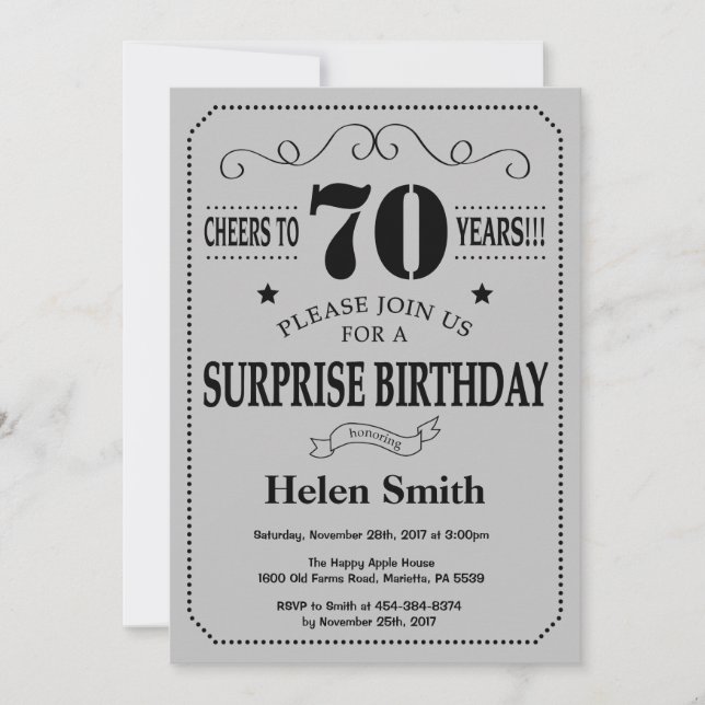 Surprise 70th Birthday Black and Silver Grey Invitation (Front)