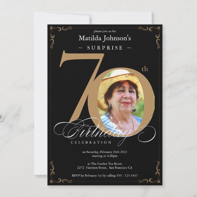 Surprise 70th Birthday Black Gold Elegant Photo Invitation (Front)