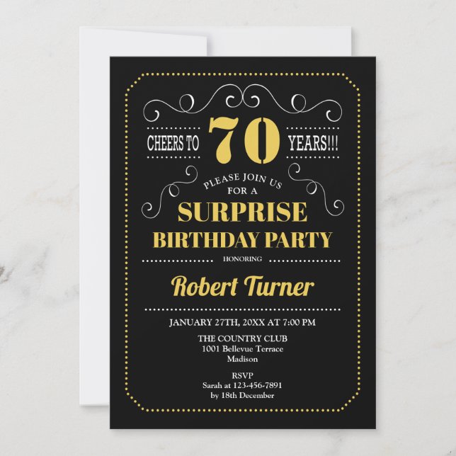 Surprise 70th Birthday - Black Gold Invitation (Front)