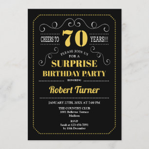 Surprise 70th Birthday - Black Gold Invitation
