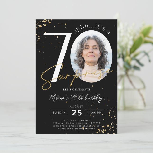 Surprise 70th Birthday Black Gold Photo Invitation (Standing Front)