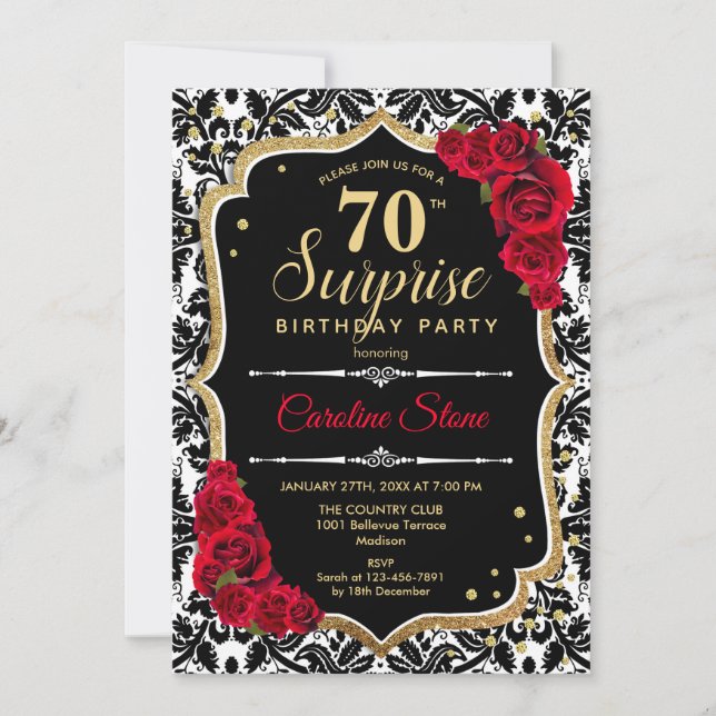 Surprise 70th Birthday - Black Gold Red Invitation (Front)