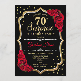 Surprise 70th Birthday - Black Gold Red Invitation