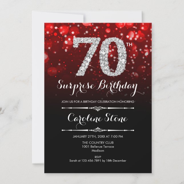 Surprise 70th Birthday - Black Red Silver Invitation (Front)