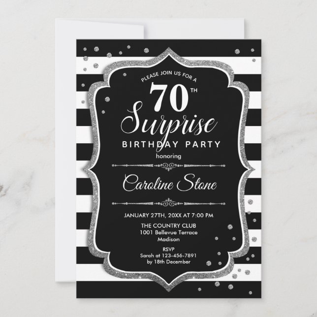 Surprise 70th Birthday - Black White Silver Invitation (Front)