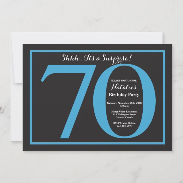 Surprise 70th Birthday Blue and Black Chalkboard Invitation (Front)