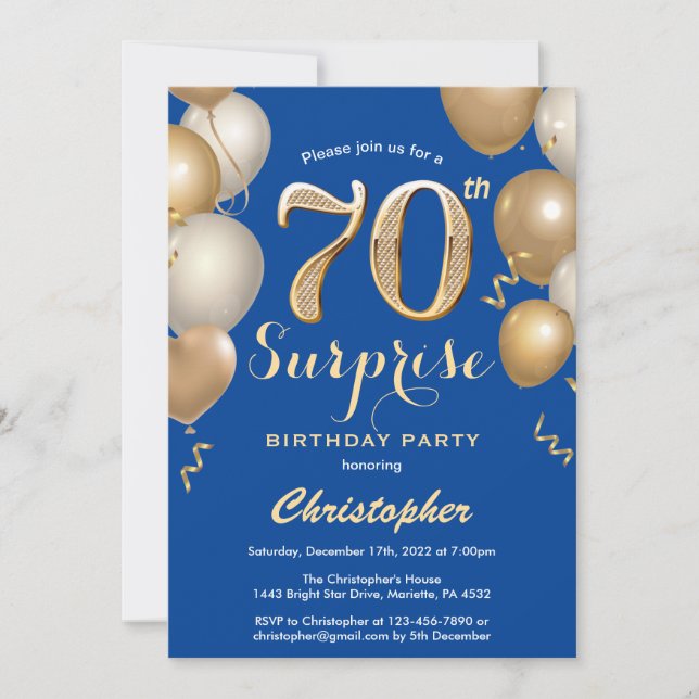 Surprise 70th Birthday Blue and Gold Balloons Invitation (Front)