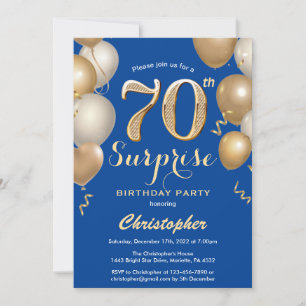 Surprise 70th Birthday Blue and Gold Balloons Invitation