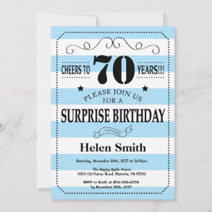 Surprise 70th Birthday Blue and White Stripes Invitation