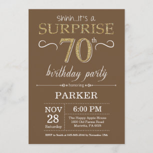 Surprise 70th Birthday Brown and Gold Glitter Invitation