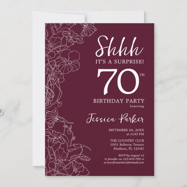 Surprise 70th Birthday Burgundy Floral Invitation (Front)