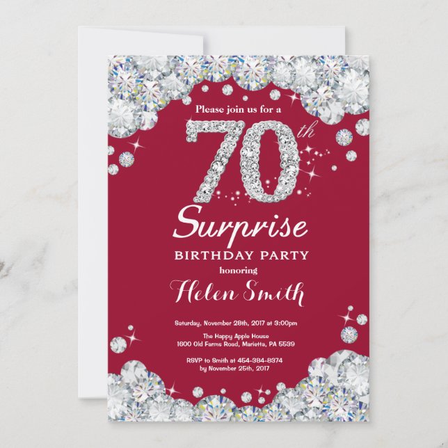 Surprise 70th Birthday Burgundy Red Silver Diamond Invitation (Front)