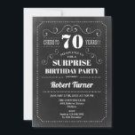 Surprise 70th Birthday - Chalkboard Invitation<br><div class="desc">Surprise 70th birthday party invitation for men or women. Elegant invite card in black and white with chalkboard pattern and retro typography script font. Cheers to 70 years!  Can be customized to any age. Perfect for a milestone adult bday celebration.</div>