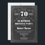 Surprise 70th Birthday - Chalkboard Invitation<br><div class="desc">Surprise 70th birthday party invitation for men or women. Elegant invite card in black and white with chalkboard pattern and retro typography script font. Cheers to 70 years!  Can be customized to any age. Perfect for a milestone adult bday celebration.</div>