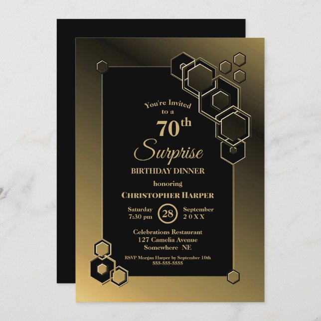 Surprise 70th Birthday Dinner Black Gold Border Invitation (Front/Back)