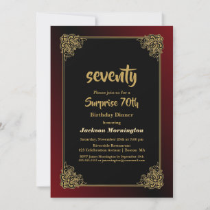 Surprise 70th Birthday Dinner Black Red Gold Invitation
