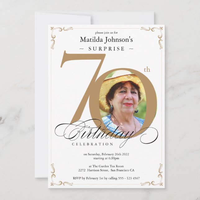 Surprise 70th Birthday Elegant Gold White Photo Invitation (Front)