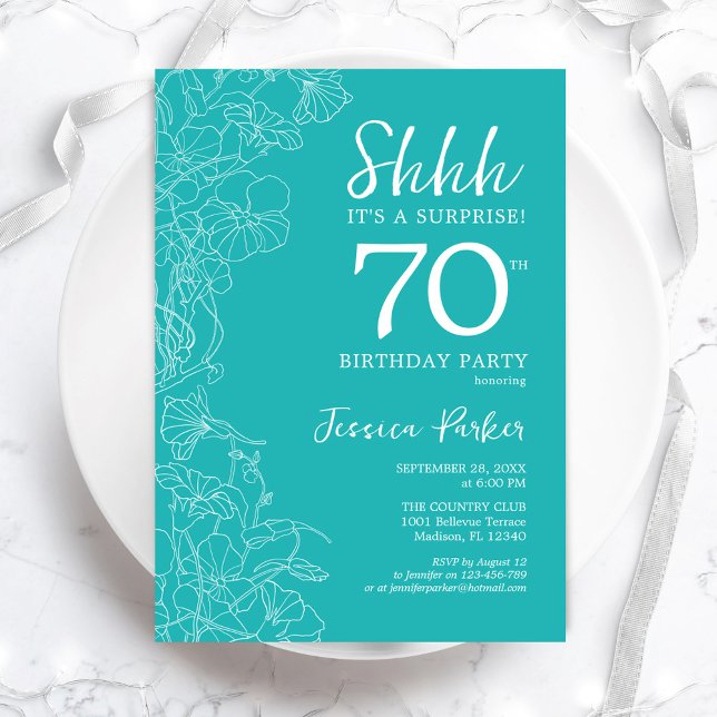 Surprise 70th Birthday - Floral Turquoise Invitation (Creator Uploaded)