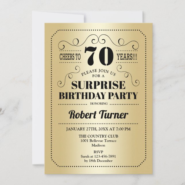 Surprise 70th Birthday - Gold Black Invitation (Front)