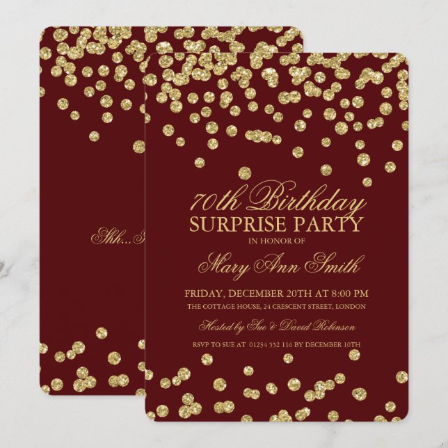 Surprise 70th Birthday Gold Glitter Burgundy Invitation (Front/Back)
