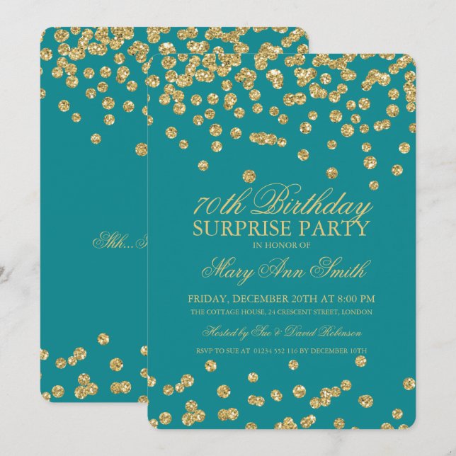 Surprise 70th Birthday Gold Glitter Confetti Teal Invitation (Front/Back)