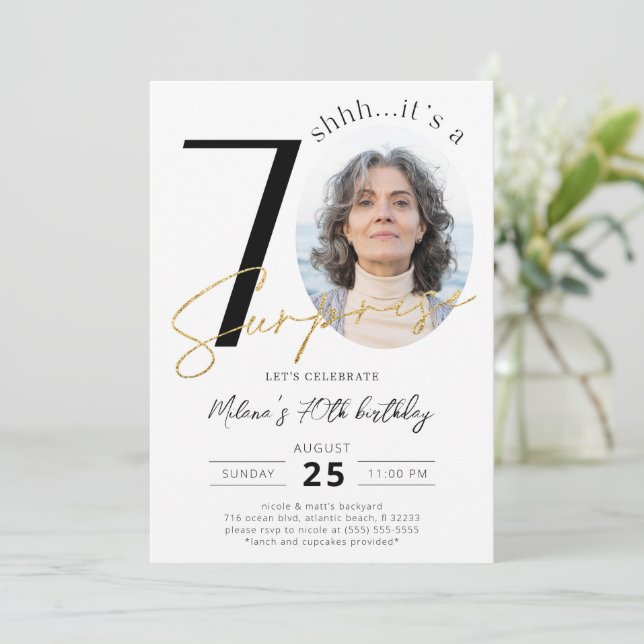 Surprise 70th Birthday Gold Photo Invitation (Standing Front)