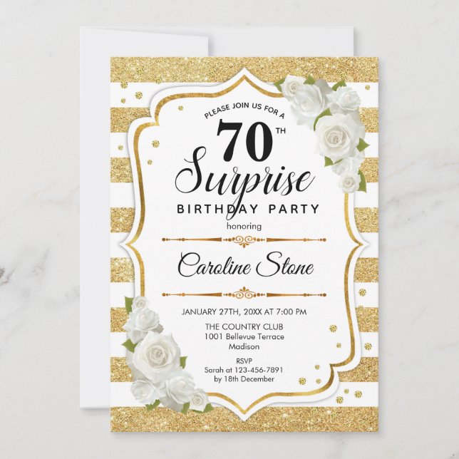 Surprise 70th Birthday - Gold White Invitation (Front)