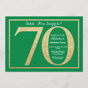 Surprise 70th Birthday Green and Gold Glitter Invitation