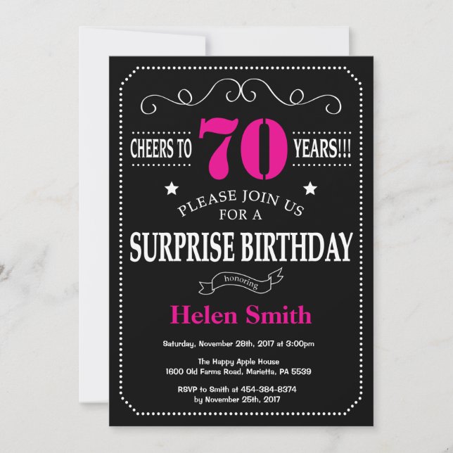 Surprise 70th Birthday Hot Pink and Black Invitation (Front)