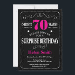 Surprise 70th Birthday Hot Pink and Black Invitation<br><div class="desc">Surprise 70th Birthday Invitation Hot Pink and Black Typography. Chalkboard. Black and White Background. Adult Birthday. Male Men or Women Birthday. Kids Boy or Girl Lady Teen Teenage Bday Invite. 13th 15th 16th 18th 20th 21st 30th 40th 50th 60th 70th 80th 90th 100th. Any Age. For further customisation, please click...</div>