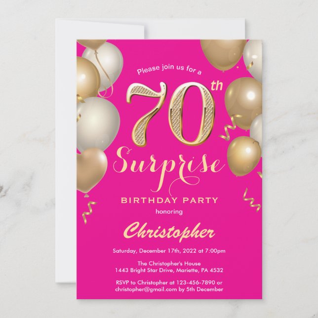 Surprise 70th Birthday Hot Pink and Gold Balloons Invitation (Front)