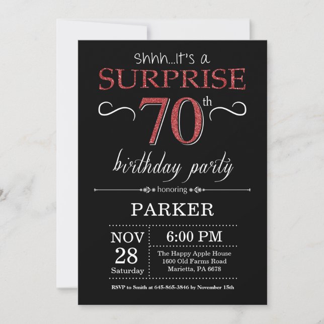 Surprise 70th Birthday Invitation Black and Red (Front)