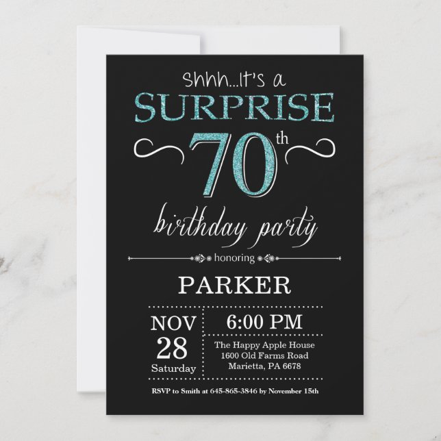 Surprise 70th Birthday Invitation Black and Teal (Front)