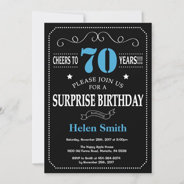 Surprise 70th Birthday Invitation Blue and Black (Front)