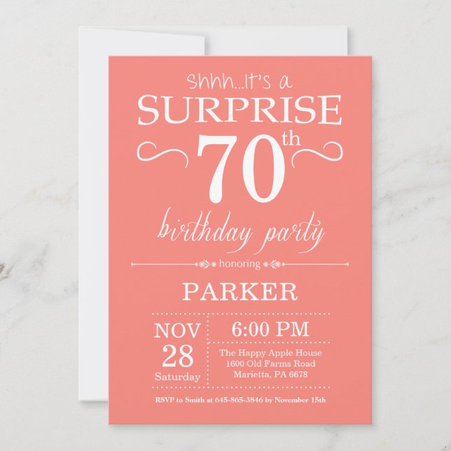 Surprise 70th Birthday Invitation Coral (Front)