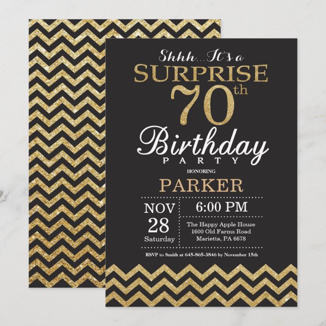 Surprise 70th Birthday Invitation Gold Glitter (Front/Back)