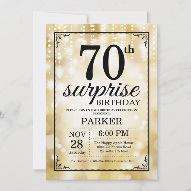 Surprise 70th Birthday Invitation Gold Glitter (Front)