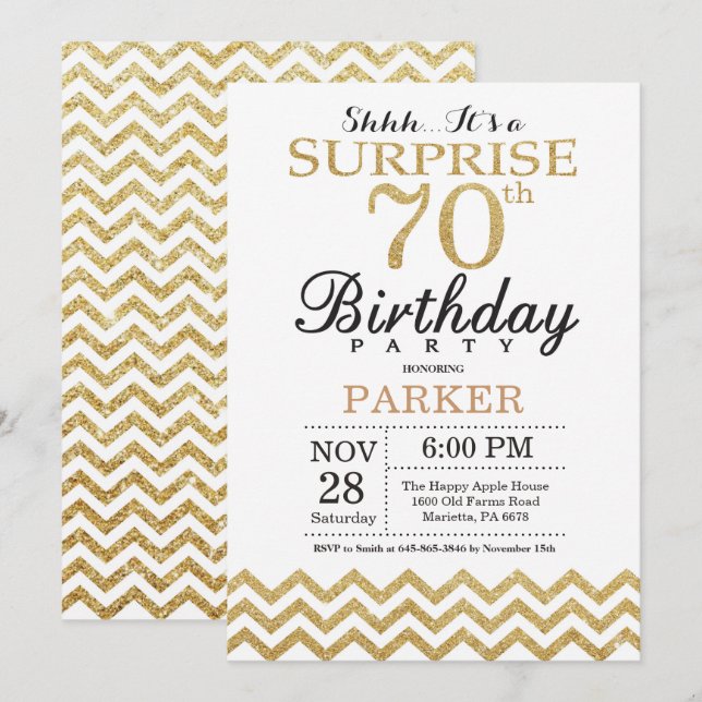 Surprise 70th Birthday Invitation Gold Glitter (Front/Back)